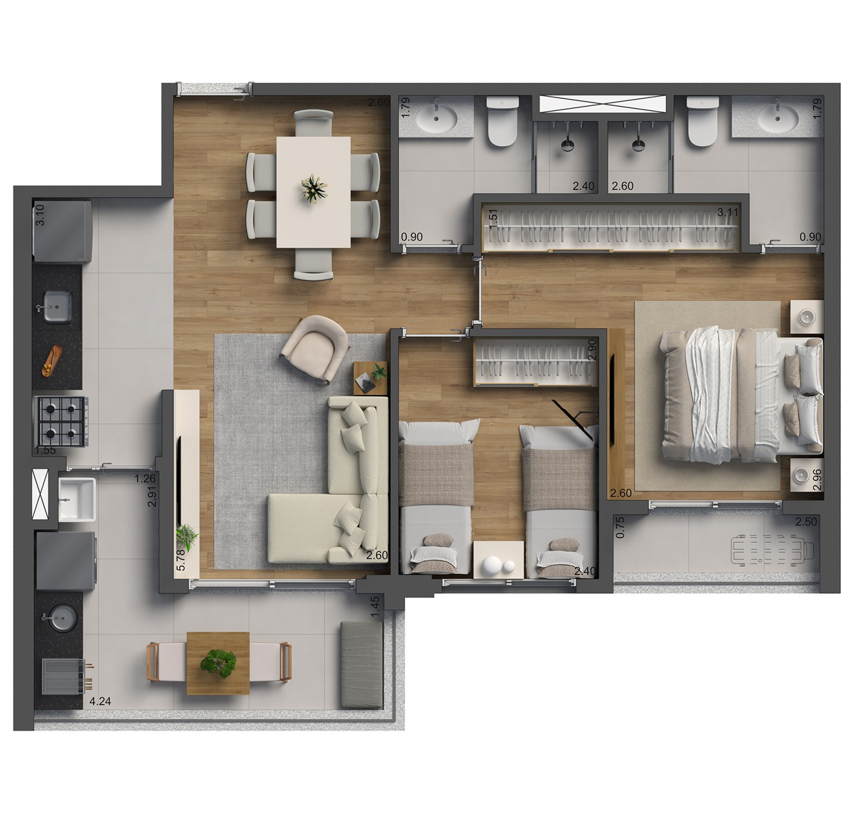 PLANTA 63m² - 2 Dormitórios com Suíte