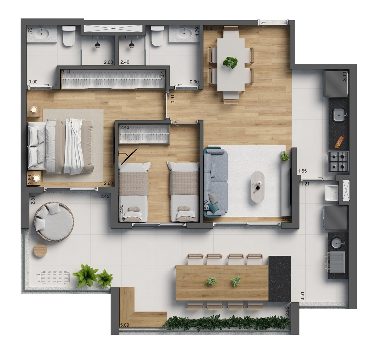 PLANTA 82m² - 2 Dormitórios com Suíte